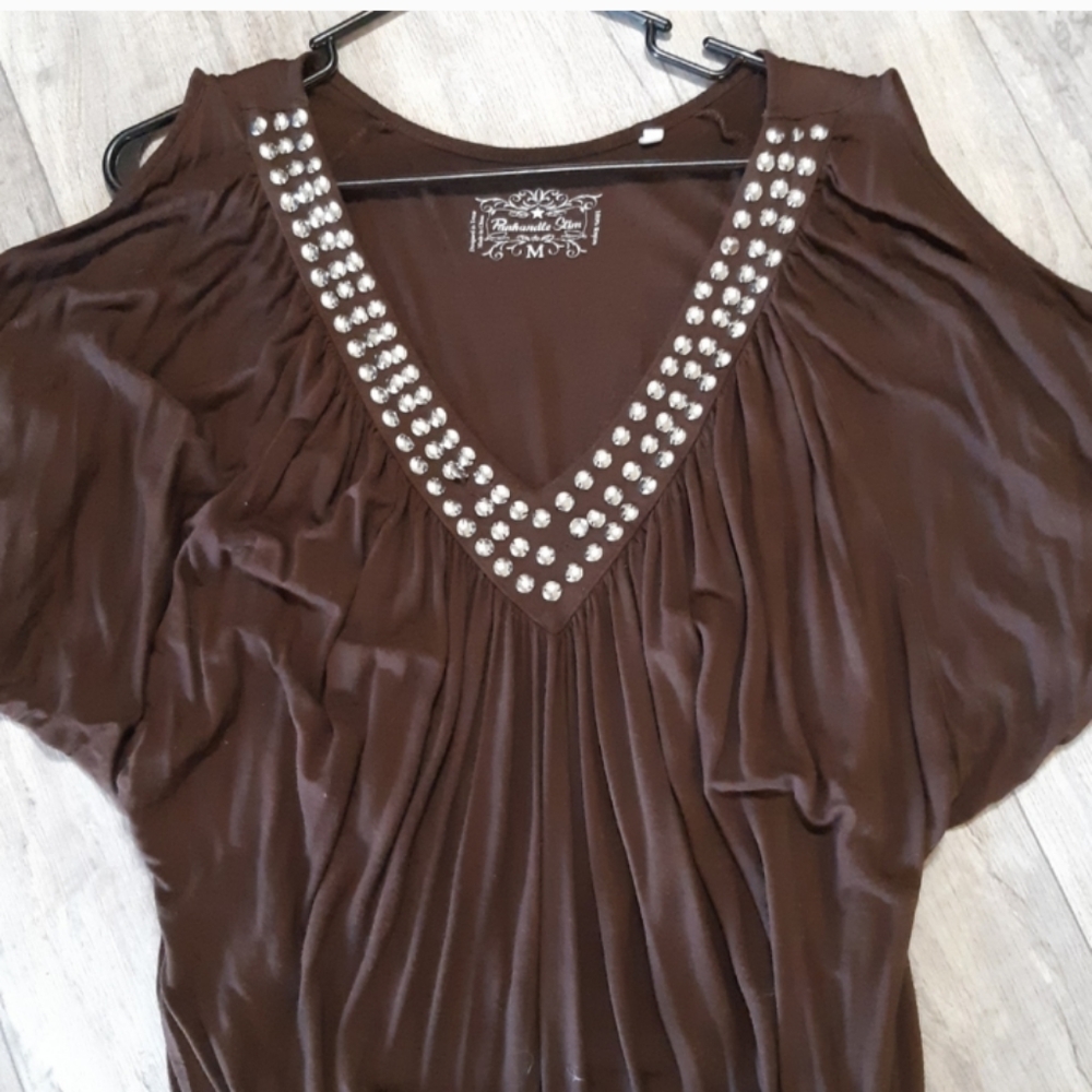 Womens Blouse tagless shortsleeve Metal accent PANHANDLE SLIM sz Medium B12